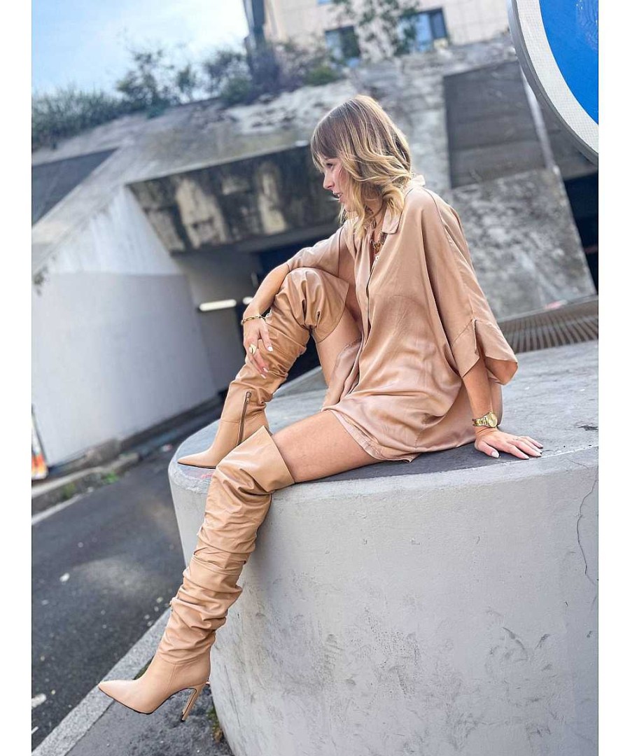 Osmose Soyez A La Page Sur La Nouvelle Signature Haute Couture Osmose Shoes Paris : Botte Cuissarde Cuir Nude A Talon Haut Wholesale