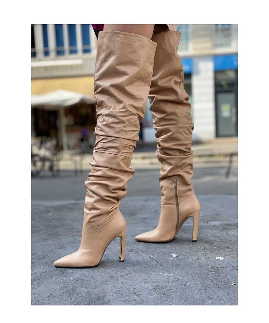 Osmose Soyez A La Page Sur La Nouvelle Signature Haute Couture Osmose Shoes Paris : Botte Cuissarde Cuir Nude A Talon Haut Wholesale