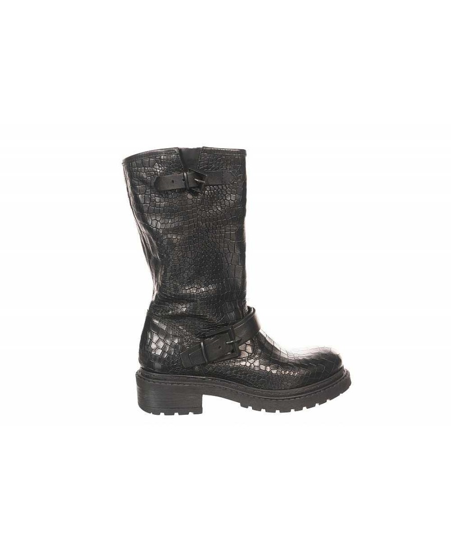 Osmose Nouvelle Ligne De Bikers En Cuir Croco Noir A Brides, Osmose Shoes. Clearance