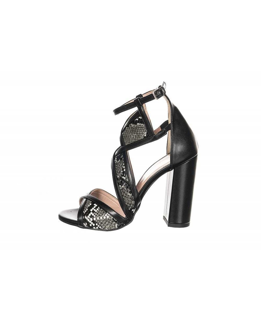 Osmose Sandale Bi-Matiere Cuir & Python Noir A Talon Carre Osmos Shoes Paris. Clearance