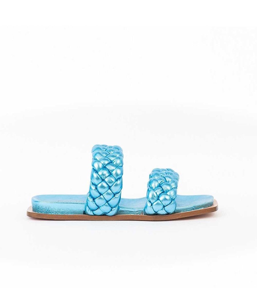 Osmose Sandale Cessou : Cuir Lamine Bleu Turquoise A Double Bride Torsadee & Bout Carre Clearance