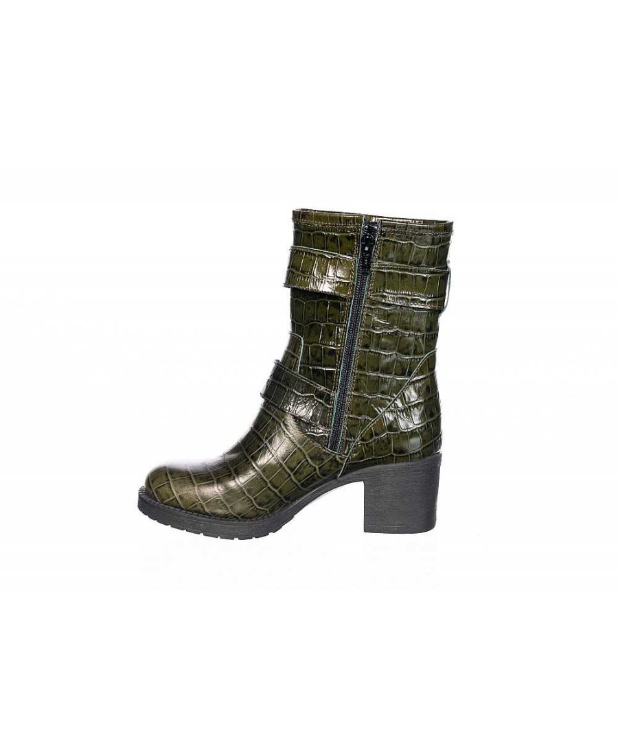 Osmose Bottine Motarde Cuir Croco Vert A Doubles Brides & Talon Carre Online